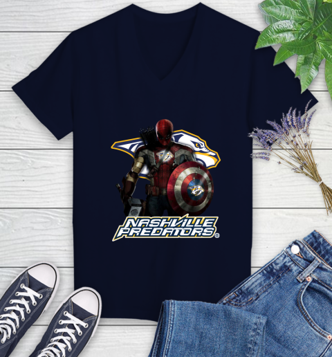 NHL Captain America Thor Spider Man Hawkeye Avengers Endgame Hockey Nashville Predators Women's V-Neck T-Shirt 3
