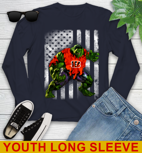Cincinnati Bengals Hulk Marvel Avengers NFL Football American Flag Youth Long Sleeve 2