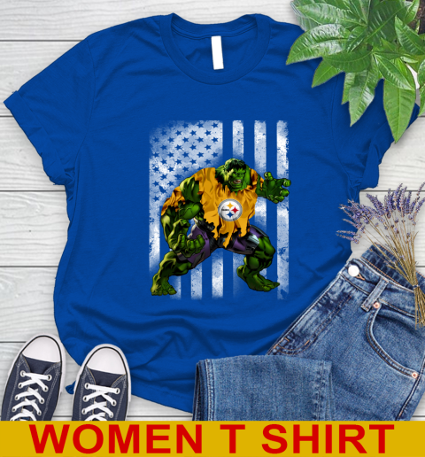 Pittsburgh Steelers Hulk Marvel Avengers NFL Football American Flag Women's T-Shirt 10
