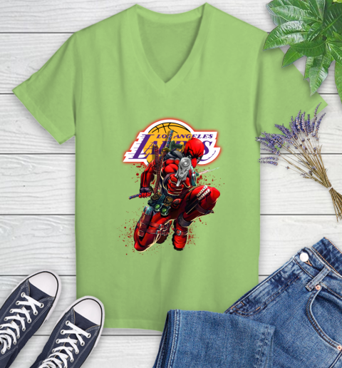 NBA Deadpool Marvel Comics Sports Basketball Los Angeles Lakers Women's V-Neck T-Shirt 11