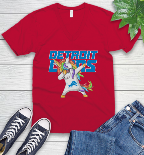 Detroit Lions NFL Football Funny Unicorn Dabbing Sports V-Neck T-Shirt 8