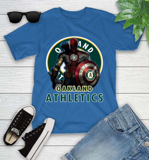 MLB Captain America Thor Spider Man Hawkeye Avengers Endgame Baseball Oakland Athletics Youth T-Shirt 9