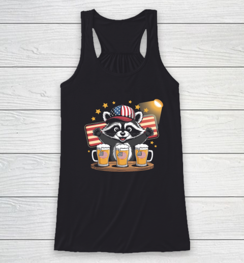 Raccoon red white and brew Funny Independence Day 4th of July Racerback Tank