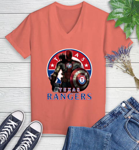 MLB Captain America Thor Spider Man Hawkeye Avengers Endgame Baseball Texas Rangers Women's V-Neck T-Shirt 6