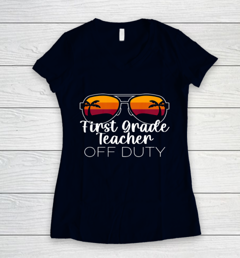 1st Grade Teacher Off Duty Sunglasses Beach Sunset Women's V-Neck T-Shirt 2