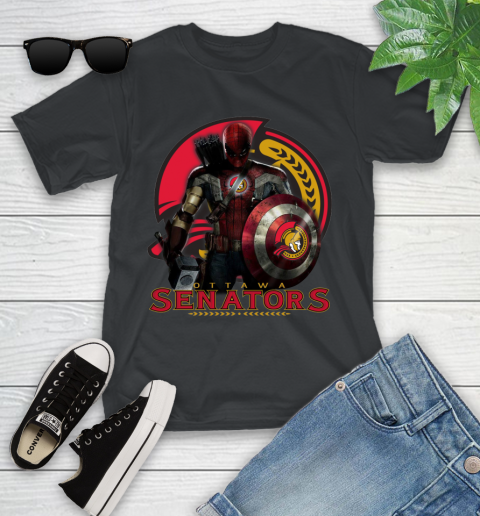 NHL Captain America Thor Spider Man Hawkeye Avengers Endgame Hockey Ottawa Senators Youth T-Shirt 2