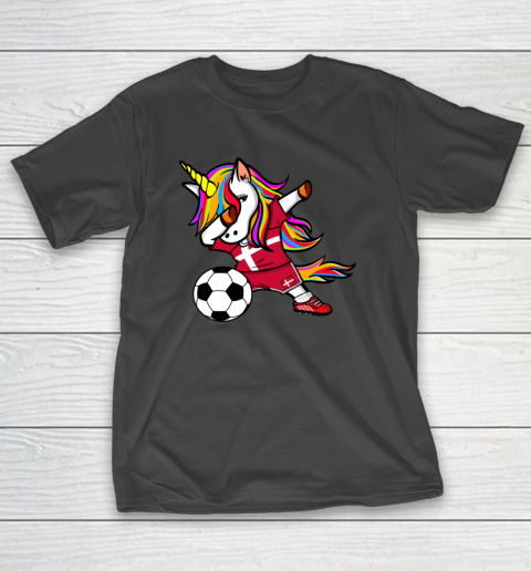 Funny Dabbing Unicorn Denmark Football Danish Flag Soccer T-Shirt 2