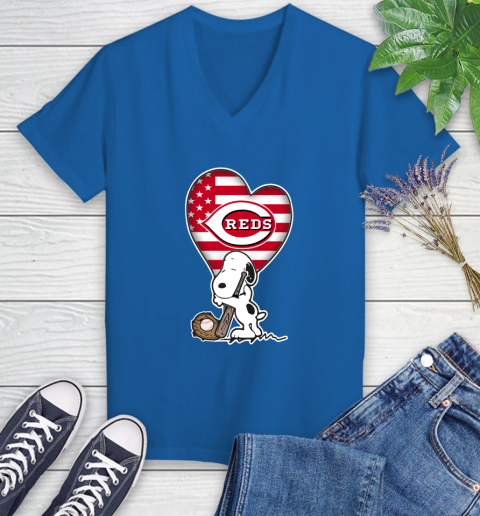 Cincinnati Reds MLB Baseball The Peanuts Movie Adorable Snoopy Women's V-Neck T-Shirt 10