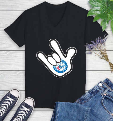 Philadelphia 76ers NBA Basketball Mickey Rock Hand Disney Women's V-Neck T-Shirt 2
