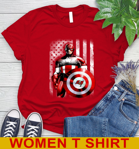 Tampa Bay Buccaneers NFL Football Captain America Marvel Avengers American Flag Shirt Women's T-Shirt 11