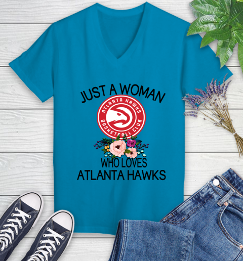 NBA Just A Woman Who Loves Atlanta Hawks Basketball Sports Women's V-Neck T-Shirt 4
