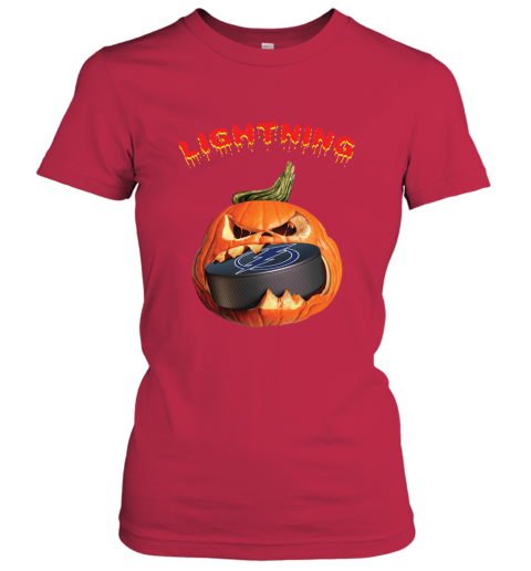 NHL Tampa Bay Lightning Halloween Pumpkin Hockey Sports lLP0uRRDtns ladies t shirt 20 95 151514 front red