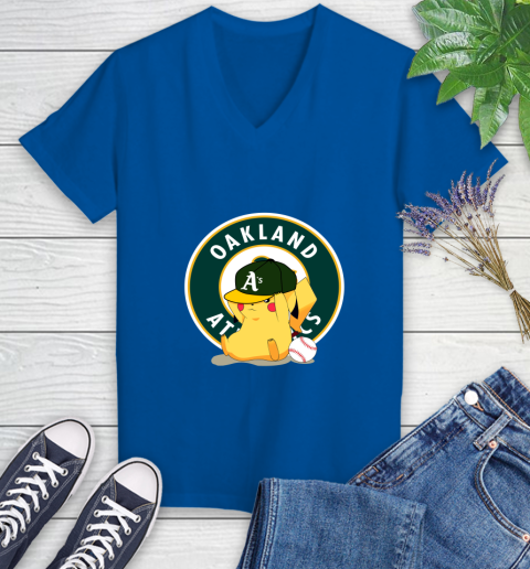 MLB Pikachu Baseball Sports Oakland Athletics Women's V-Neck T-Shirt 10