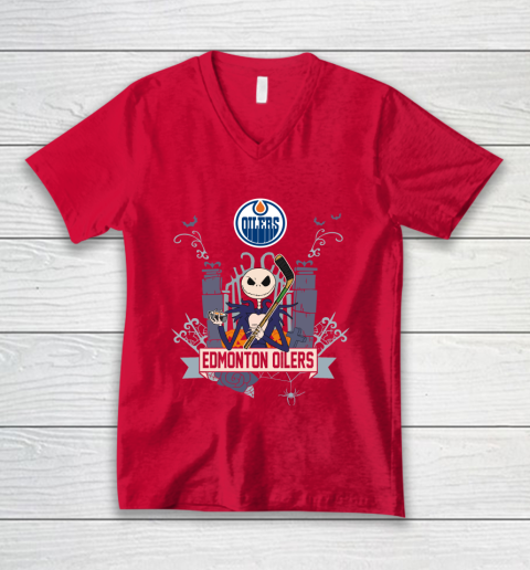 NHL Edmonton Oilers Hockey Jack Skellington Halloween V-Neck T-Shirt 6