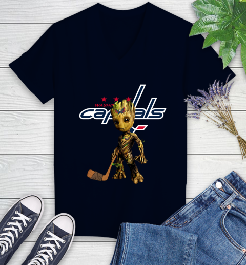 Washington Capitals NHL Hockey Groot Marvel Guardians Of The Galaxy Women's V-Neck T-Shirt 3