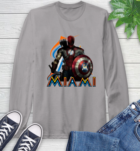 MLB Captain America Thor Spider Man Hawkeye Avengers Endgame Baseball Miami Marlins Long Sleeve T-Shirt 6