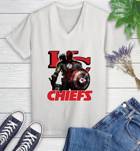 NFL Captain America Thor Spider Man Hawkeye Avengers Endgame Football Kansas City Chiefs Women's V-Neck T-Shirt