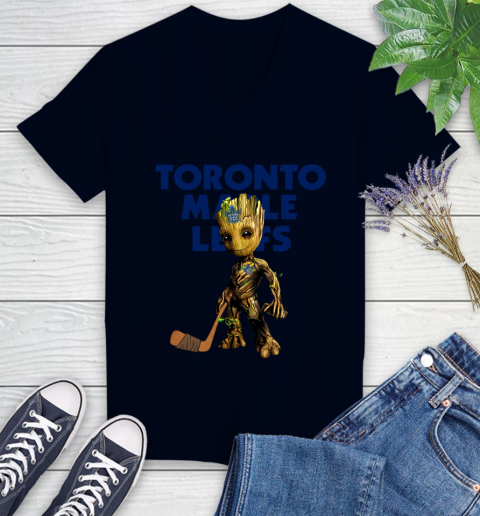 Toronto Maple Leafs NHL Hockey Groot Marvel Guardians Of The Galaxy Women's V-Neck T-Shirt 3
