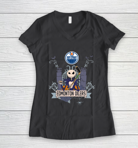 NHL Edmonton Oilers Hockey Jack Skellington Halloween Women's V-Neck T-Shirt 6