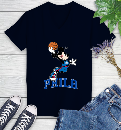 NBA Basketball Philadelphia 76ers Cheerful Mickey Mouse Shirt Women's V-Neck T-Shirt 3