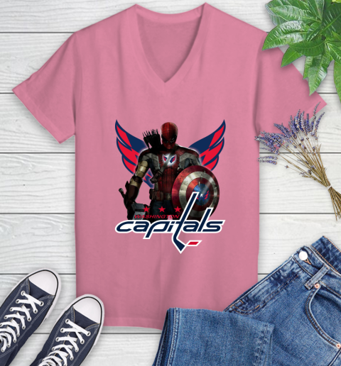 NHL Captain America Thor Spider Man Hawkeye Avengers Endgame Hockey Washington Capitals Women's V-Neck T-Shirt 13