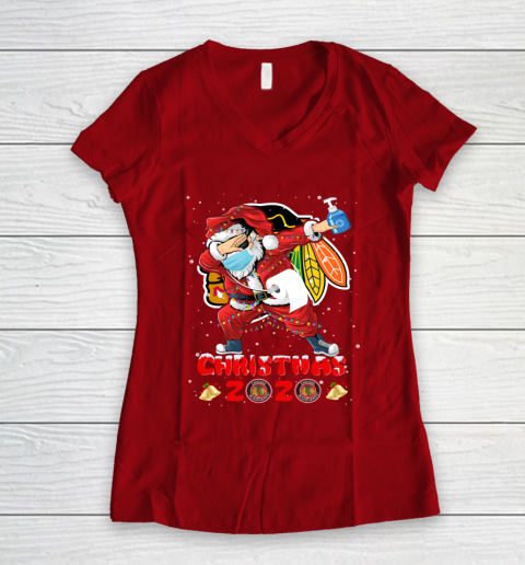 Chicago Blackhawks Funny Santa Claus Dabbing Christmas 2020 NHL Women's V-Neck T-Shirt 8