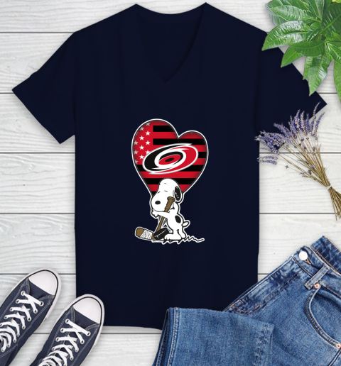 Carolina Hurricanes NHL Hockey The Peanuts Movie Adorable Snoopy Women's V-Neck T-Shirt 3