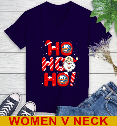 New York Islanders NHL Hockey Ho Ho Ho Santa Claus Merry Christmas Shirt Women's V-Neck T-Shirt 3