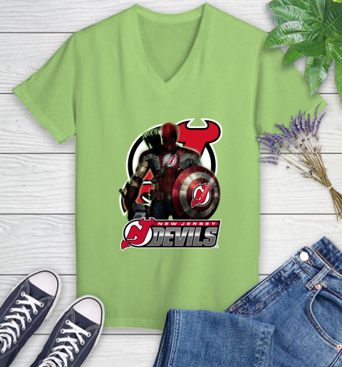 NHL Captain America Thor Spider Man Hawkeye Avengers Endgame Hockey New Jersey Devils Women's V-Neck T-Shirt 11