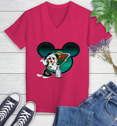 NHL Minnesota Wild Stanley Cup Mickey Mouse Disney Hockey T Shirt Women's V-Neck T-Shirt 9