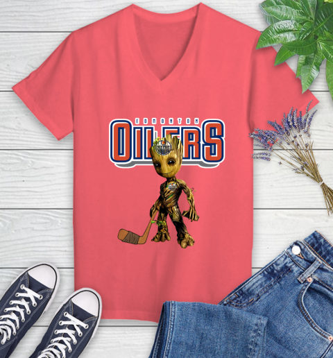 Edmonton Oilers NHL Hockey Groot Marvel Guardians Of The Galaxy Women's V-Neck T-Shirt 6