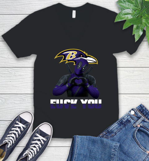 NHL Baltimore Ravens Deadpool Love You Fuck You Football Sports V-Neck T-Shirt