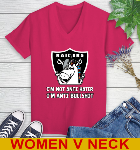 Oakland Raiders NFL Football Unicorn I'm Not Anti Hater I'm Anti Bullshit Women's V-Neck T-Shirt 10