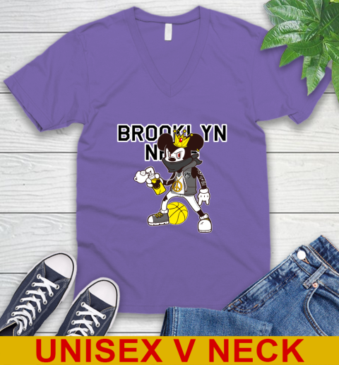 Brooklyn Nets NBA Basketball Mickey Peace Sign Sports V-Neck T-Shirt - Image 10
