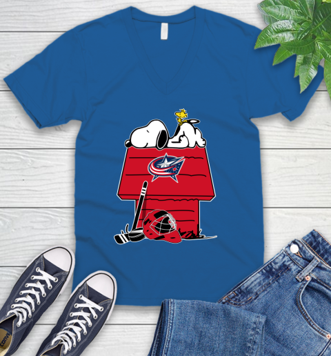 Columbus Blue Jackets NHL Hockey Snoopy Woodstock The Peanuts Movie V-Neck T-Shirt 6