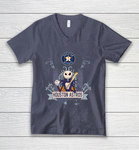 MLB Houston Astros Baseball Jack Skellington Halloween V-Neck T-Shirt 7