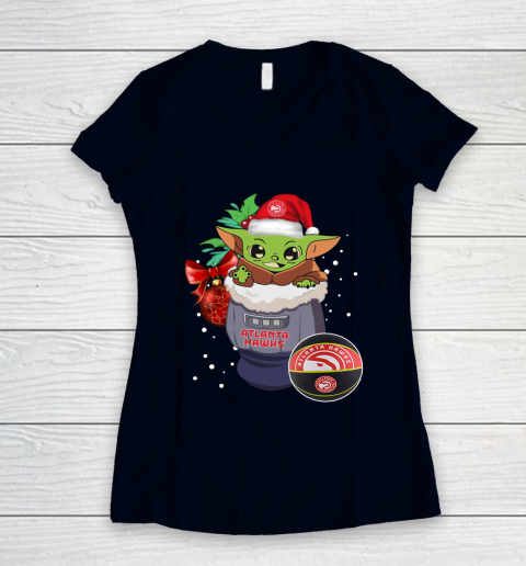 Atlanta Hawks Christmas Baby Yoda Star Wars Funny Happy NBA Women's V-Neck T-Shirt 3