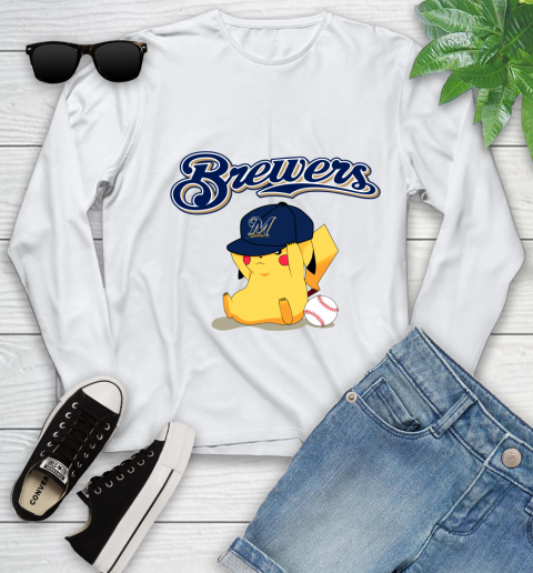 MLB Pikachu Baseball Sports Milwaukee Brewers Youth Long Sleeve