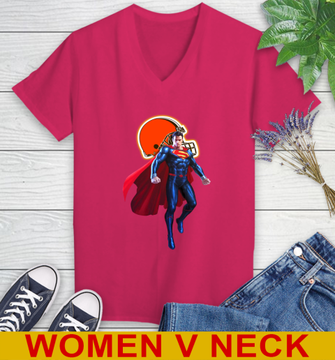 NFL Superman DC Sports Football Cleveland Browns Women's V-Neck T-Shirt 10