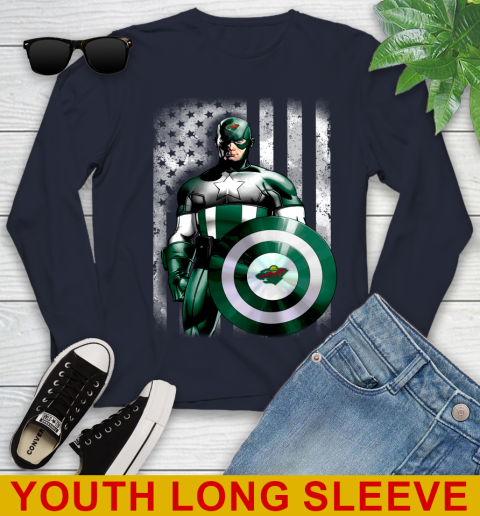 Minnesota Wild NHL Hockey Captain America Marvel Avengers American Flag Shirt Youth Long Sleeve 2