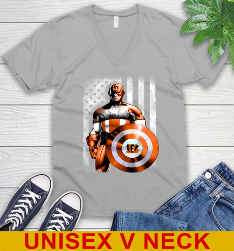 Cincinnati Bengals NFL Football Captain America Marvel Avengers American Flag Shirt V-Neck T-Shirt 3