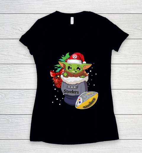 Pittsburgh Steelers Christmas Baby Yoda Star Wars Funny Happy NFL Women's V-Neck T-Shirt