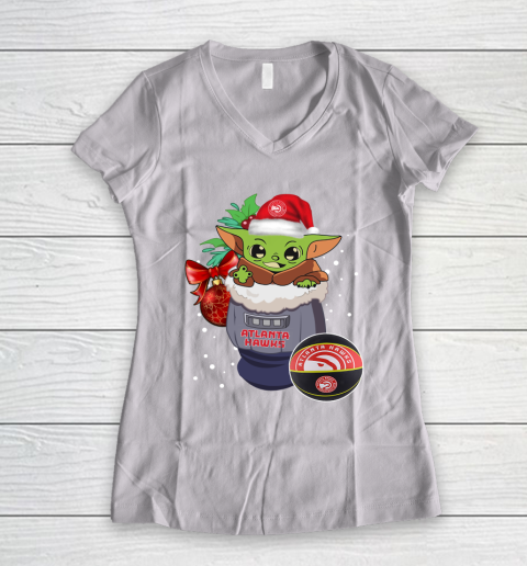 Atlanta Hawks Christmas Baby Yoda Star Wars Funny Happy NBA Women's V-Neck T-Shirt 2