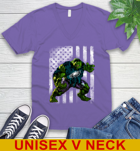 Philadelphia Eagles Hulk Marvel Avengers NFL Football American Flag V-Neck T-Shirt 8