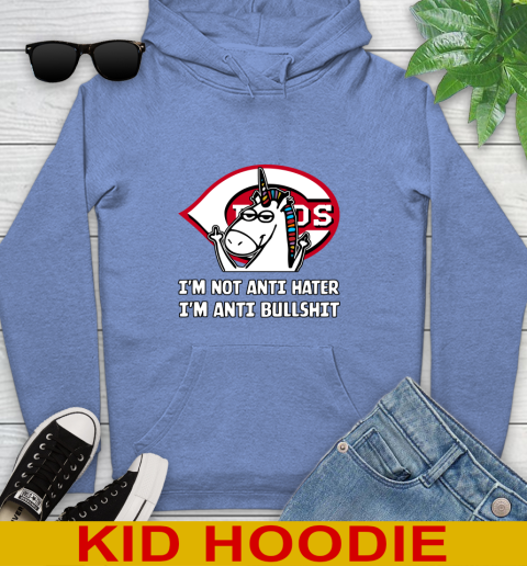Cincinnati Reds MLB Baseball Unicorn I'm Not Anti Hater I'm Anti Bullshit Youth Hoodie 12