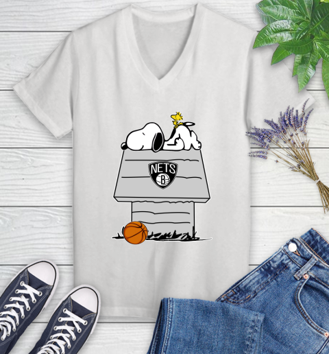 Brooklyn Nets NBA Basketball Snoopy Woodstock The Peanuts Movie Women's V-Neck T-Shirt