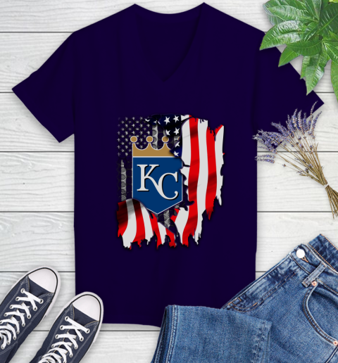 Kansas City Royals MLB Baseball American Flag Women's V-Neck T-Shirt 3