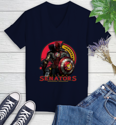 NHL Captain America Thor Spider Man Hawkeye Avengers Endgame Hockey Ottawa Senators Women's V-Neck T-Shirt 3