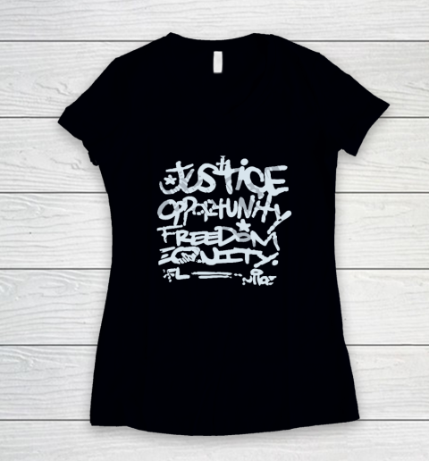 Justice Opportunity Equity Freedom Women's V-Neck T-Shirt