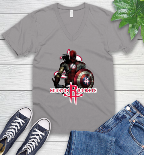 Houston Rockets NBA Basketball Captain America Thor Spider Man Hawkeye Avengers V-Neck T-Shirt 4